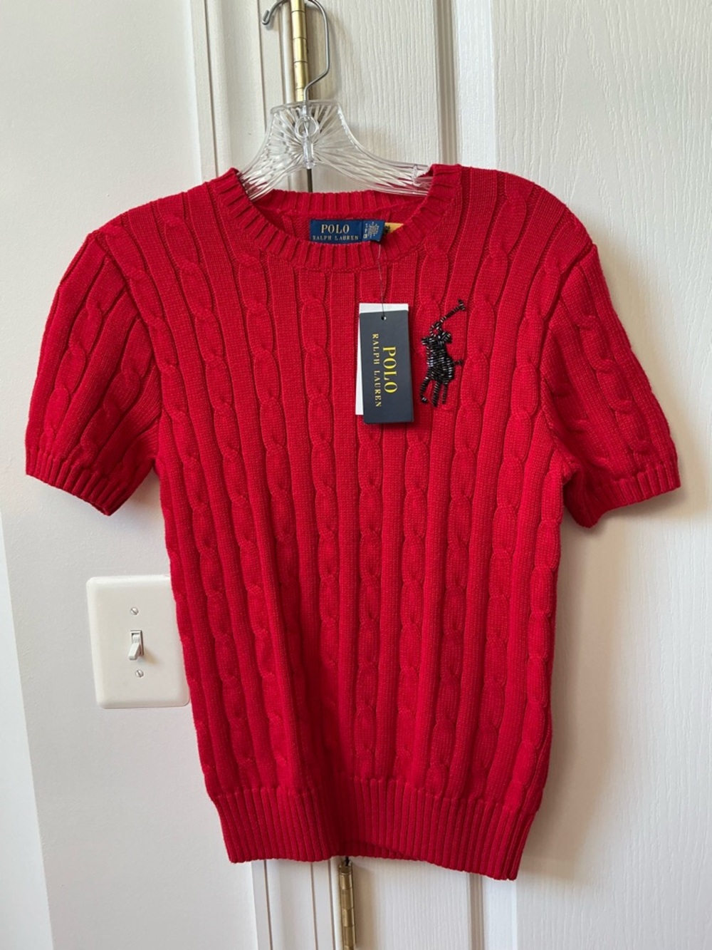 BEAUTIFUL NWT POLO RALPH LAUREN BEADED RED CREWNECK SHORT SLEEVE SWEATER
